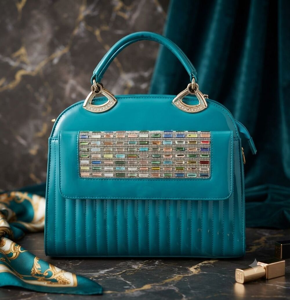 NWT Teal Patent Leather Satchel Bag Rhinestone Gem Embellished Top Handle/Strap